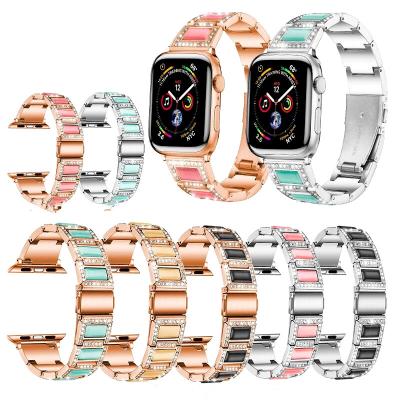 China Diamond Woman High-Grade Leather Watch Band For Apple Watch 38 Watchband 40 42 44mm Luxury Metal Style For iwatch 6 Se 5 Strap for sale