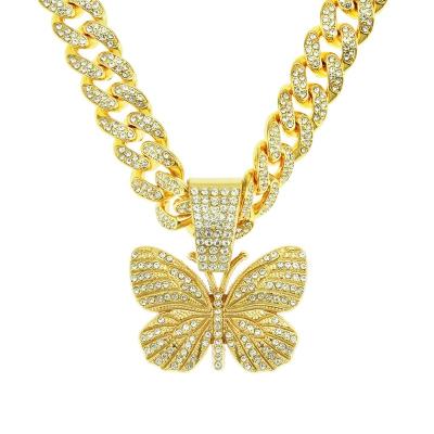 China SUNRAIN Wholesale Environmental Friendly Luxury Men Iced Out Diamond Bling Rhinestone Crystal Gold Cuban Link Butterfly Choker Chain Necklace Jewelry for sale