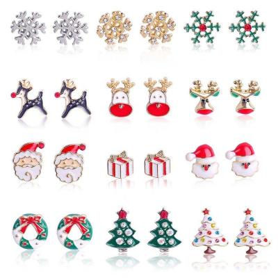 China Jewelry 2021 Hot Sale Christmas Gifts Rhinestone Snowflake Bell Elk Tree Stud Earrings Set For Women Girls for sale