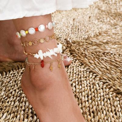 China Hot Selling Handmade Multi Layer Pearl Gravel Beach Fashion Natural Flash Foot Jewelry 4 Pieces Foot Anklet Chain Suit For Wome for sale