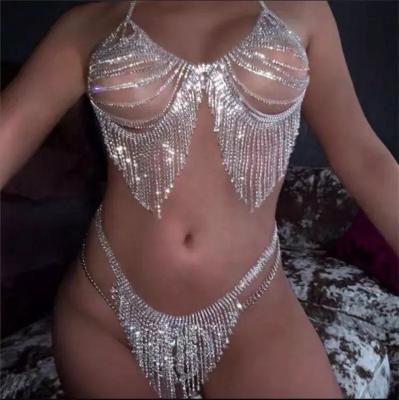 China Statement Jewelry Gold Silver Beach Tassel Crystal Rhinestone Sexy Underwear Bra Lingerie Body Chain Jewelry For Woman for sale