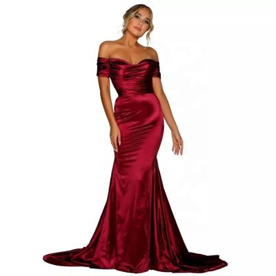 China Burgundy Cheap Custom Made Anti-Static Off Shoulder Elegant Women Floor Length Dress Slash Neck Maxi Dress Party Stretch Satin Evening Dress for sale