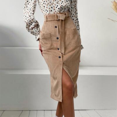 China OEM New Breathable Custom Corduroy Front Pocket Hip Wrap Skirt Split With Belt Lady Short Skirt for sale