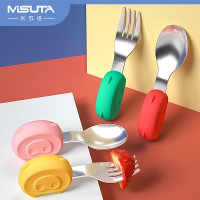 China New Style BPA Free Silicone Stainless Steel Animal Baby Spoon and Fork Feeder Set for sale