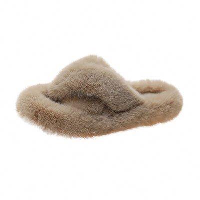 China Anti-Slippery Rabbit Fur Hairy Thick Bottom Faux Cross Designers Flat Casual Women's Fur Slippers for sale