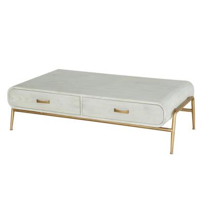 China Modern Contemporary 2 Drawer Gold Metal White Oak Wood Coffee Table for sale