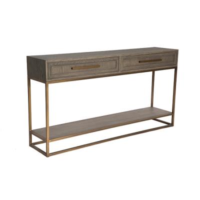 China Contemporary classic vintage oak wood gold metal console wall table with shelf for sale