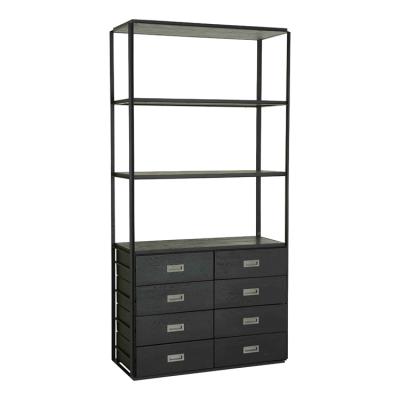 China Traditional vintage industrial luxury black metal oak wood bookcase for sale