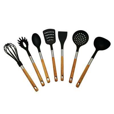 China Sustainable Custom 7 Pcs Nylon Kitchen Utensils Sets With Wood Handle Wooden Kitchen Utensils for sale