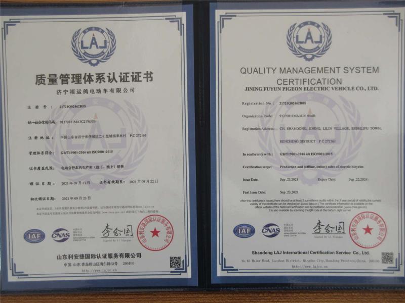 ISO9001 - Jining Fuyun Pigeon Electric Vehicle Co., Ltd.