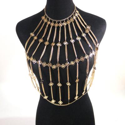 China BOHEMIA Gold Diamond Cut Texture Disc Tassel Necklace Ladies Jewelry Panty Chain Body Chain Set for sale