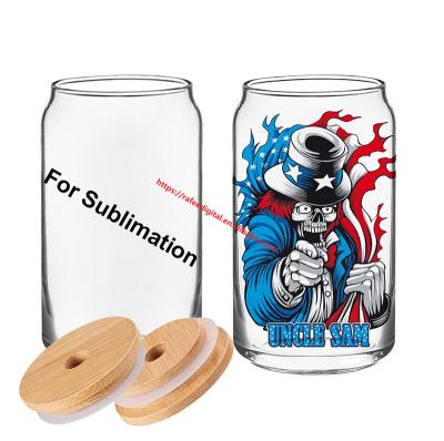 China Can Wholesale Empty Unique Shaped Logo Craft Sublimation Clear Soda Can Branded 350ml 16oz 16oz Custom Shaped Beer Glass With Bamboo Lid for sale