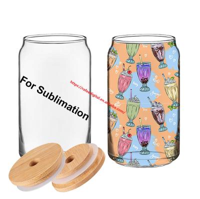 China Box Shaped Iced Coffee 16oz Glass Mug Luxury Clear Sublimation Long Glasses Can Beer Shape Glass Shaped Mugs With Lid And Bamboo Straw for sale