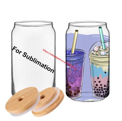 China US Warehouse Sustainable 16oz 16oz White Sublimation Beer Glass Clear Frosted Tumbler Soda Can Shaped Iced Coffee Mug Cups With Bamboo Lid for sale