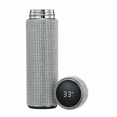 China Sustainable LED Temperature Display 500ml Diamond Rhinestone Thermal Stainless Steel Smart Water Bottle With Temperature Lis Display for sale