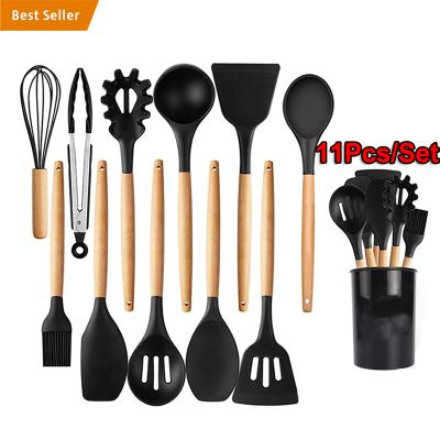 China Hot Selling Silicone Kitchen Accessories Cookware Kitchen Viable Custom Eco-Friendly Wooden Handle Nonstick Cookware Set for sale