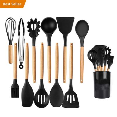 China 11 Pcs Sustainable High Quality Wooden Home Silicon And Silicon Cook Tool Whisk Baking Spatula Silicone Kitchen Utensils Set With Logo for sale