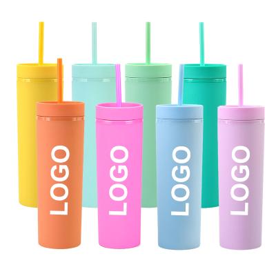 China Wholesale Viable Christmas Gifts 16oz 16oz Matte Pastel Colored Acrylic Plastic Double Wall Skinny Tumblers With Reusable Lid for sale