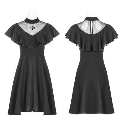 China PUNKRAVE OPQ-341Unique Breathable Black Lotus Leaf Waist Chiffon Casual Dress Women Midi Short Sleeve Dress for sale