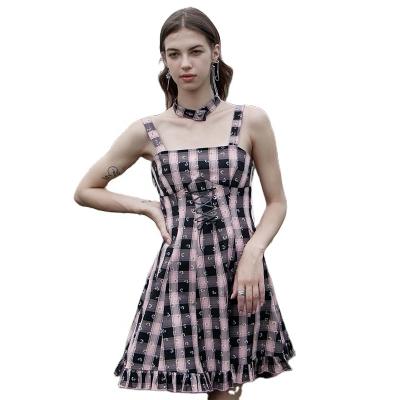 China OPQ-1142LQF Anti-Static Praise Punk Women Summer Flower Printed Retro Gather Waist Adjustable Camisole Plaid Dress for sale