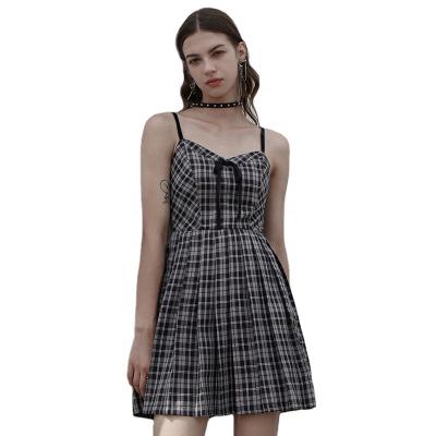 China Anti-static punk rave OPQ-1141LQF women summer casual adjustable strap ARC pleated plaid chiffon dress for sale