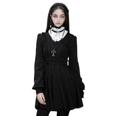 China Anti-Static Punk Rave OPQ-877LQF Ladies Solid V-Neck Skinny Gather Size Daily Casual Lace Long Sleeve Dress for sale