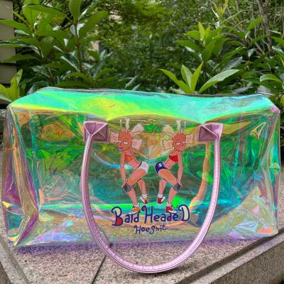 China Fashion Clear Holographic Holographic Transparent Laser Iridescent Tote Handbag With Print Fashion Candy PVC Bag Travel Overnight Bag Women for sale