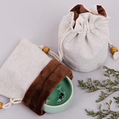 China Double Folding White Cotton Canvas With Velvet Drawstring Bag For Pearl Strap Customized Flannel Storage Packaging Bag for sale