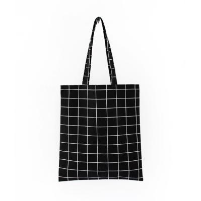 China MOQ Fashion Shopping Print Women Cotton Small Canvas Handled Tote Bag With Grid Printed With Zipper Pocket Inside The Bag for sale