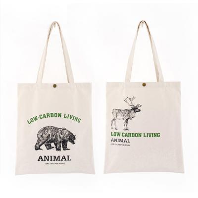 China Stock Natural Color Handled Tote Bag Animal Printing Good Quality Cotton Bags Button And Zipper Pocket Inside Shopping Bag for sale