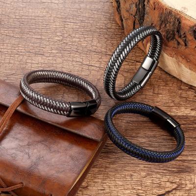 China Real Genuine Stainless Steel CLASSIC High Quality Clasp Weave Leather Bracelet Jewelry For Men Custom Logo for sale