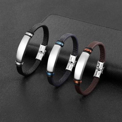 China CLASSIC High Quality Charm Stainless Steel Metal Bracelet Real Genuine Leather Jewelry For Men for sale