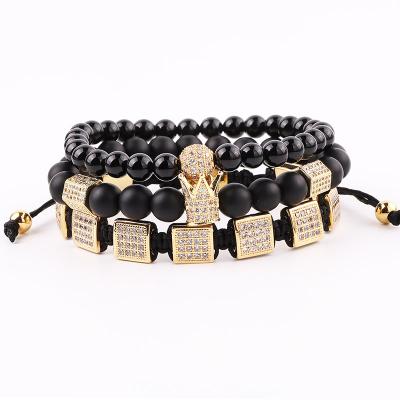 China New Luxury Bracelet CLASSIC CZ Pave Square Crown Charm Black Agate Beads Macrame Bracelet Set Men for sale