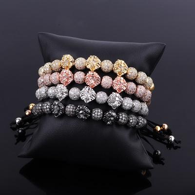 China New Luxury CLASSIC CZ Pave Ball Lion Head Stainless Steel Beads Macrame Bracelet Men's Bracelet for sale