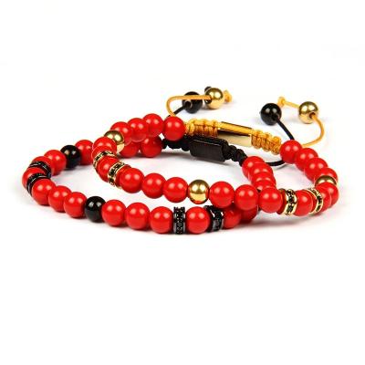 China Men's CLASSIC Bracelet CZ Pave Spacer Beads Natural Red Stone Cinnabar Macrame Bracelet Couple for sale