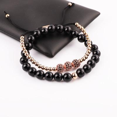 China CLASSIC Natural Stone Agate Beads Bracelet Men Stainless Steel Beads CZ Pave Ball Macrame Bracelet Men Women for sale