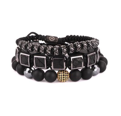 China New Fashion Men's Macrame Bracelet Set CLASSIC Natural CZ Gemstone Diamond Square Bead Leather Macrame Bracelet Set for sale