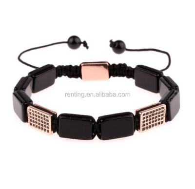 China Custom Logo Natural Black Brass Onyx Square Square Stone Diamond Macrame Bracelet for sale