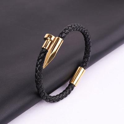 China Custom High Quality CLASSIC Stainless Steel Charm Magnet Logo Hugger Bracelet Genuine Leather Men for sale