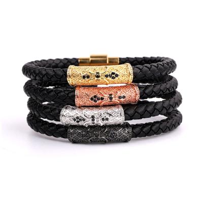 China CLASSIC High Quality CZ Anchor Tube Stainless Steel Magnet Clasp Genuine Leather Bracelet Men for sale