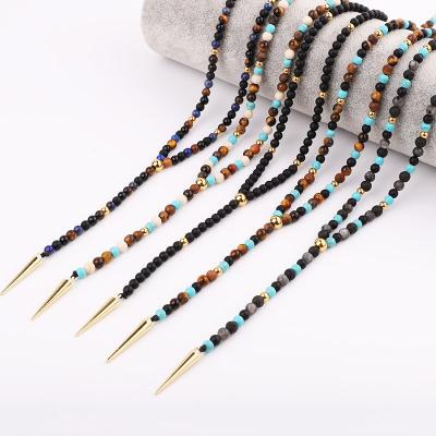 China New Fashion CLASSIC Cute Natural Design Small Stone Stainless Steel Gemstone Beads Pyramid Pendant Long Necklace Men for sale