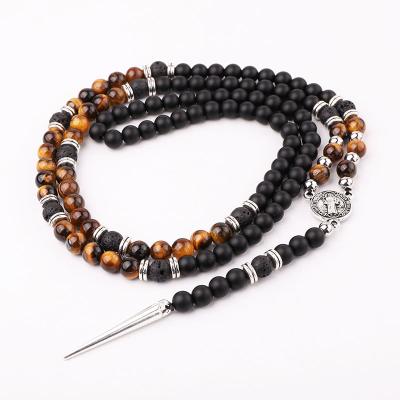 China CLASSIC New Fashion Stone Matte Onyx Tiger Eye Turquoise Natural Hematite Beads Handmade Long Necklace Men 28inches for sale