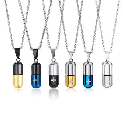 China CLASSIC Fashion Pill Perfume Bottle Pendant Necklace For Men Cross Jewelry Punk Wholesale Titanium Stainless Steel for sale