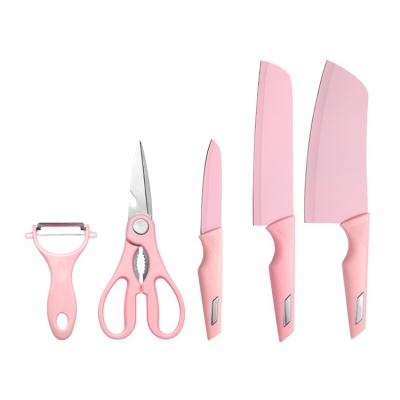 China Sustainable AA509 Kitchen Knife Set Cooking Cutter Tool 5 Pieces Stainless Steel Knives Peeler Set Meatloaf Fruit Knife Set for sale