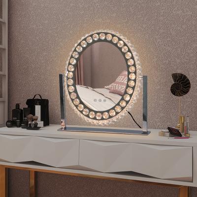 China Luxury Crystal Lighted Led Mirror 360 Degree Rotation Large Size Beauty Distribute Mirror 3 Color Lights for sale