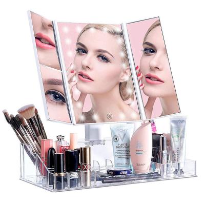 China Mirror Makeup Desk Vanity Mirror with 21 Led Lights/Triple Lighted Makeup Mirror with Acrylic Touch Screen Dimming Makeup Organizer for sale