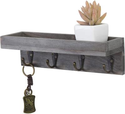 China Vintage Floating China Shelf Gray Wood Wall Mounted Entryway Or Desk Shelves With 4 Antique Metal Hooks for sale