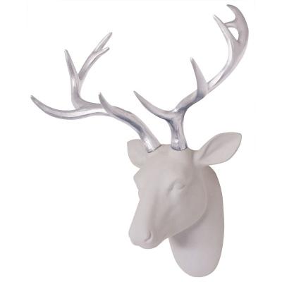 China Africa Deer Wall Art White Fake Furry /Felt/Velvety Head Deer Head With Silver Antlers Wall Decor Size 10