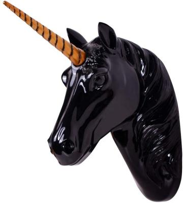 China Europe 10x5x13 Inches Black Unicorn Head Sculpture Horn Faux Resin With Gold Animal Head Wall Decor Ready To Hang for sale