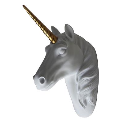 China White Faux Resin Horn Europe GOLD Wall Mount Animal Head Sculpture With Gold Unicorn Head Wall Decor Ready To Hang - 10x5x13 in for sale